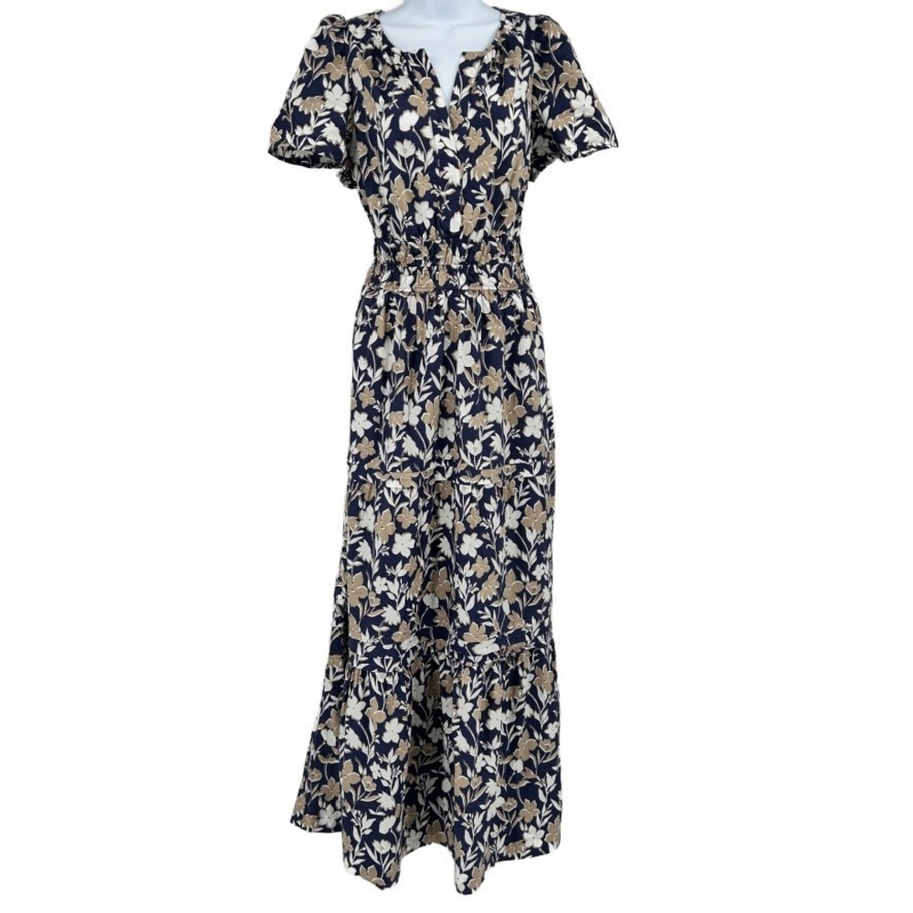 Cynthia Rowley Tiered Coastal Cottage Maxi Dress Womens L Cotton Floral Preppy